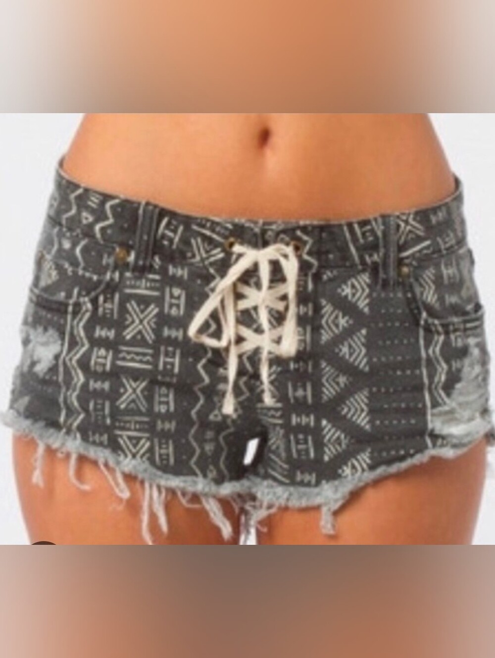Billabong Lite Hearted Black Aztec Lace-Up Denim Cutoff Shorts Size-29